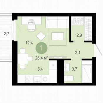 Продается 1-комнатная квартира, 29,1 м²