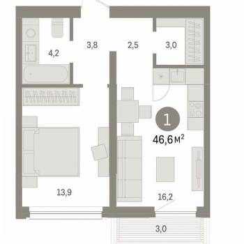 Продается 1-комнатная квартира, 43,6 м²