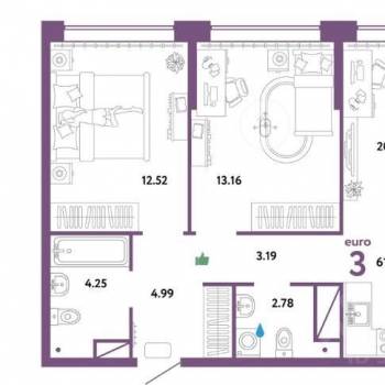 Сдается 2-х комнатная квартира, 62 м²