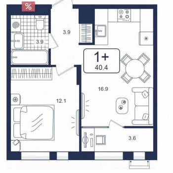 Продается 1-комнатная квартира, 40,4 м²
