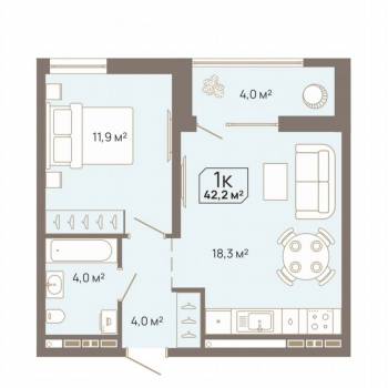 Продается 1-комнатная квартира, 42,2 м²