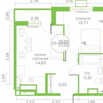 Сдается 1-комнатная квартира, 41,24 м²