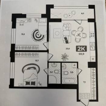 Продается 2-х комнатная квартира, 69,9 м²