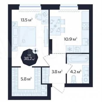 Продается 1-комнатная квартира, 38,3 м²