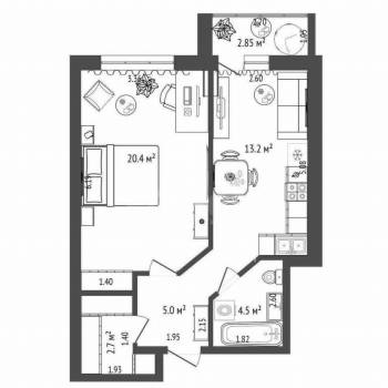 Продается 1-комнатная квартира, 45,9 м²
