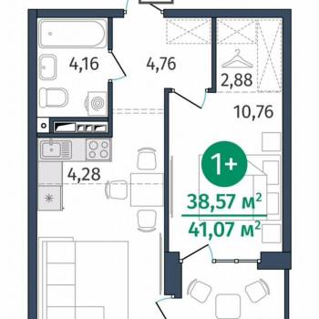 Продается 1-комнатная квартира, 41,1 м²