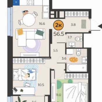 Продается 2-х комнатная квартира, 56,5 м²
