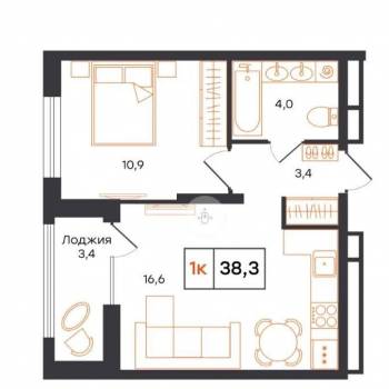 Продается 1-комнатная квартира, 38,3 м²
