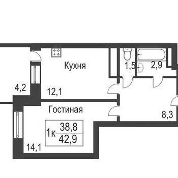 Продается 1-комнатная квартира, 42,9 м²