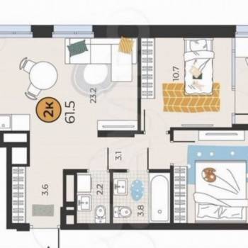 Продается 2-х комнатная квартира, 61,5 м²