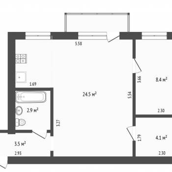 Продается 1-комнатная квартира, 44,3 м²