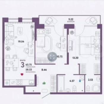 Продается 2-х комнатная квартира, 58 м²