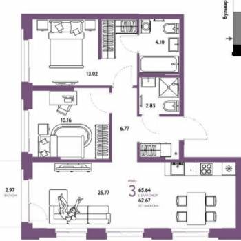 Продается 3-х комнатная квартира, 65,7 м²