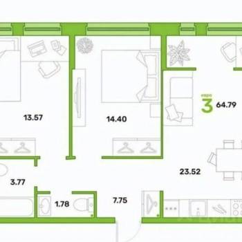 Продается 2-х комнатная квартира, 65,2 м²