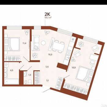 Продается 2-х комнатная квартира, 66,1 м²
